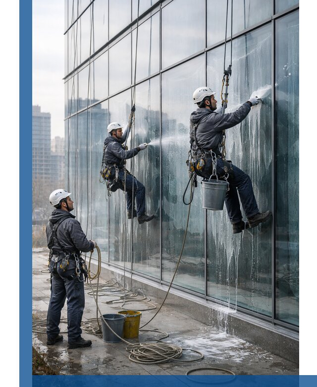 Промышленная мойка панорамных окон на высоте в Торжке