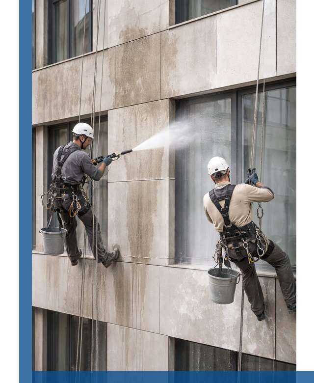 Послестроительная мойка фасада промышленным альпинизмом в Торжке