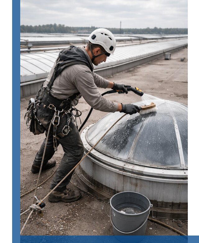 Мойка зенитных фонарей на кровле для промышленных объектов в Торжке