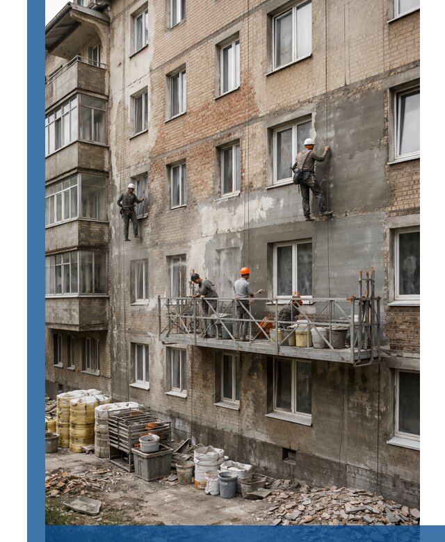 Капитальный ремонт фасада в Торжке с восстановлением и гидроизоляцией