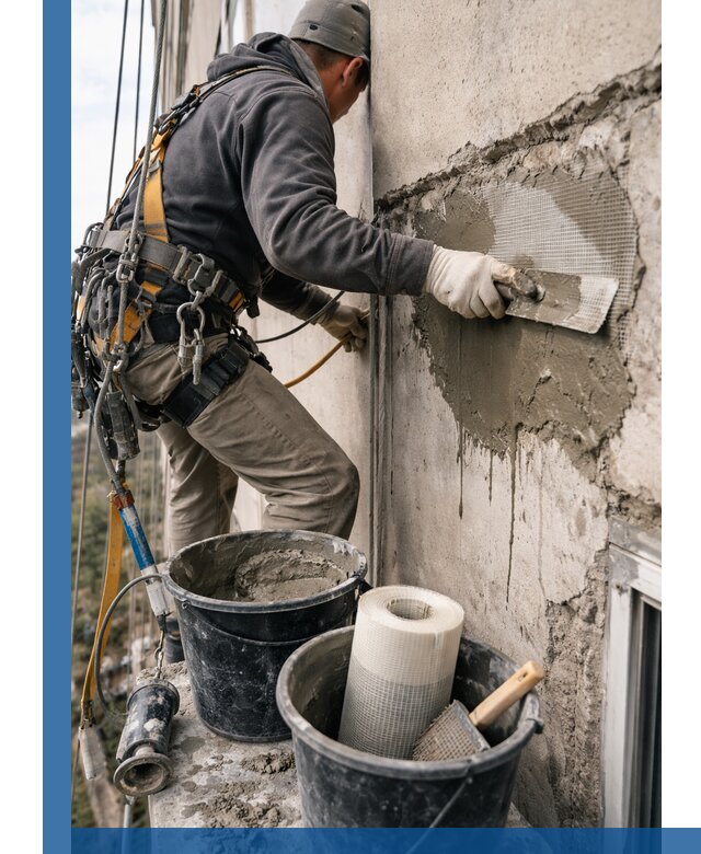 Ремонт бетонных элементов фасада промышленными альпинистами в Торжке