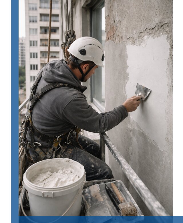 Шпаклевка фасадов на высоте с промальпинистами в Торжке