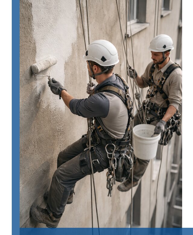 Грунтовка фасада на высоте в Торжке промышленными альпинистами