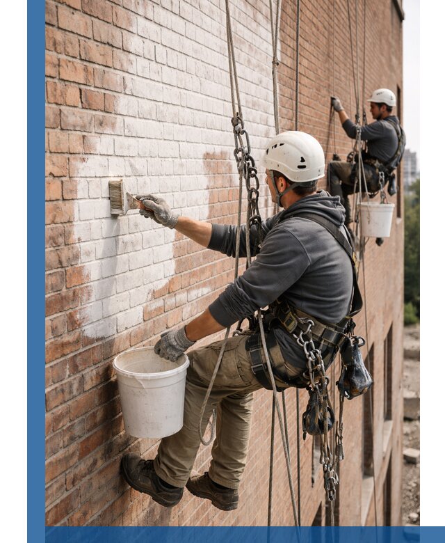 Покраска кирпичного фасада с доступным альпинистским сервисом в Торжке