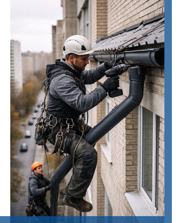 Монтаж водосточной системы на здании в Торжке от 5112 р. | ВЫСОТНИК-Трж