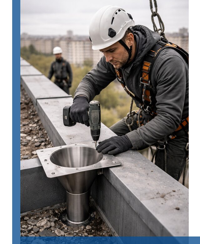 Монтаж водосточных воронок в Торжке для промышленных зданий