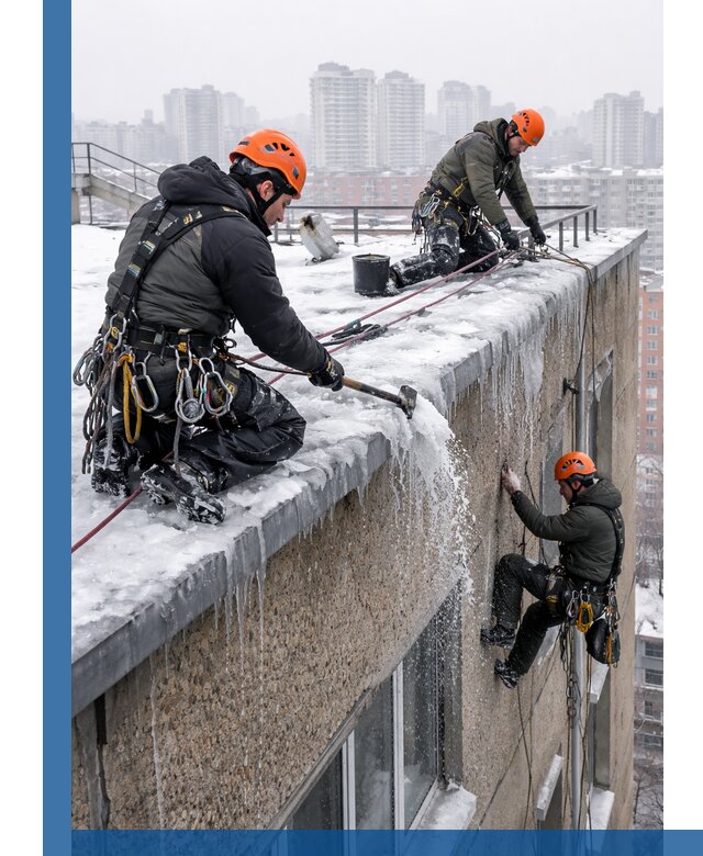 Удаление наледи с кровли в Торжке промышленными альпинистами