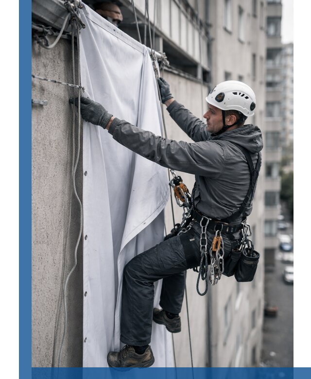 Замена баннерного полотна промышленными альпинистами в Торжке