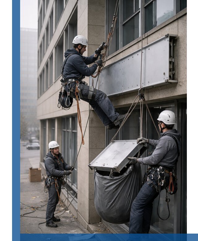 Демонтаж рекламной вывески с высотными работами в Торжке