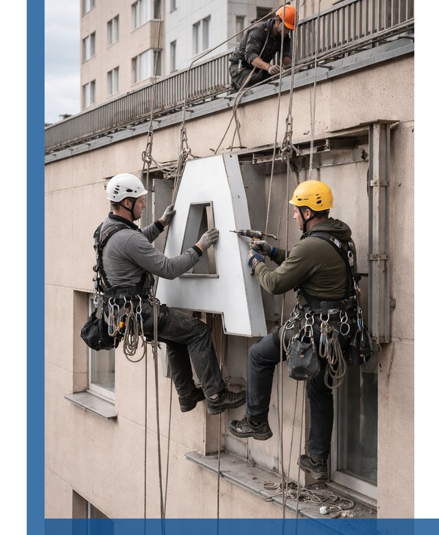 Ремонт и восстановление наружных вывесок на высоте в Торжке