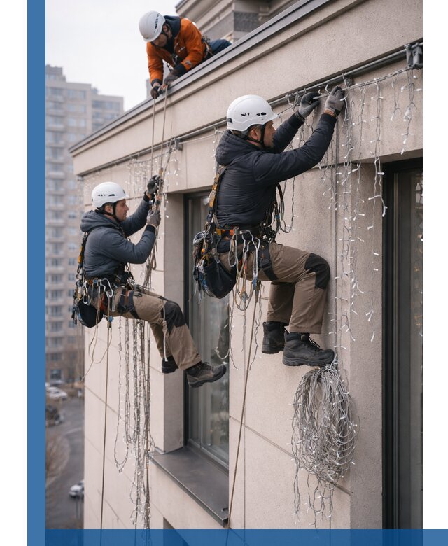 Монтаж праздничных гирлянд на фасаде в Торжке для зданий