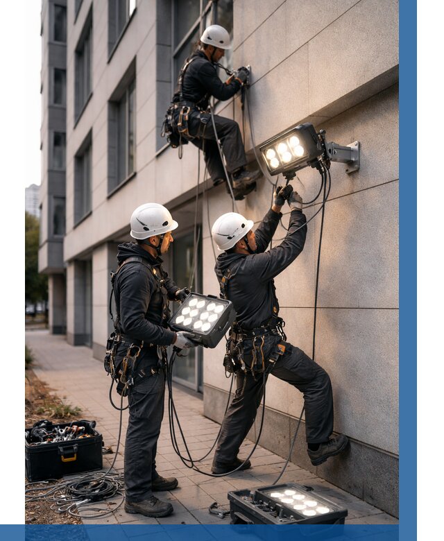 Монтаж прожекторов на фасаде в Торжке от 7668 р. | ВЫСОТНИК-Трж