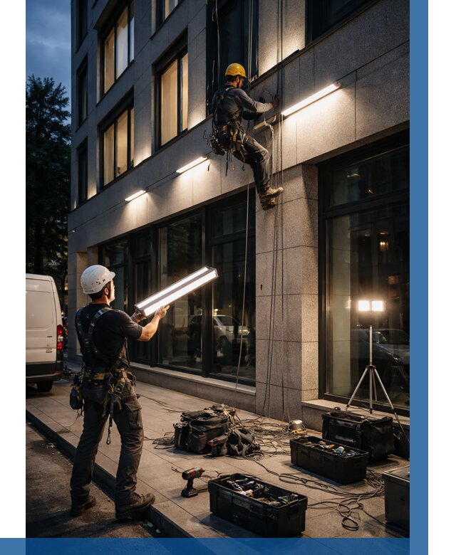 Монтаж архитектурной подсветки здания в Торжке от 2556 р.|ВЫСОТНИК-Трж