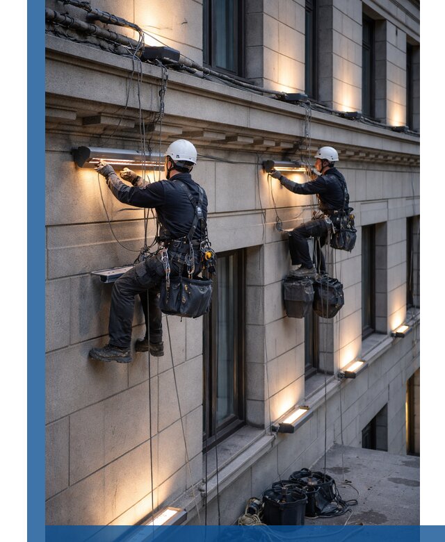 Монтаж архитектурной подсветки фасадов зданий в Торжке