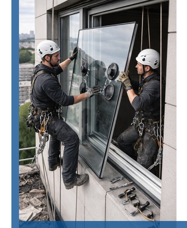 Замена стеклопакетов на высоте с промышленными альпинистами в Торжке