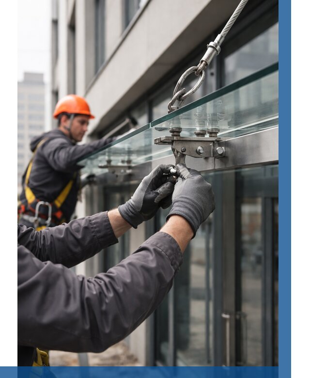 Монтаж стеклянных козырьков в Торжке от 8690 р. | ВЫСОТНИК-Трж