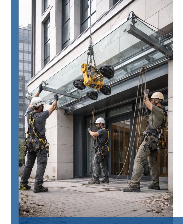 Монтаж стеклянных козырьков под ключ в Торжке для зданий