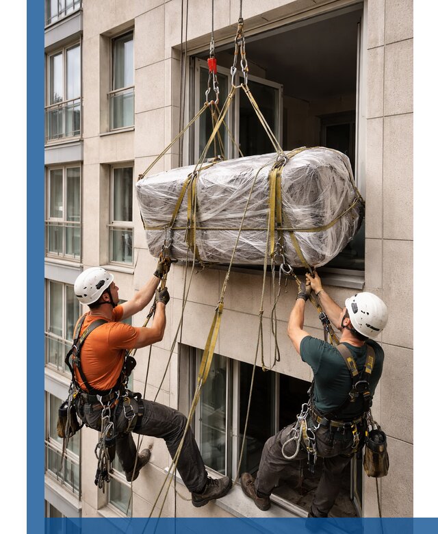 Подъем грузов через окно в Торжке промышленными альпинистами