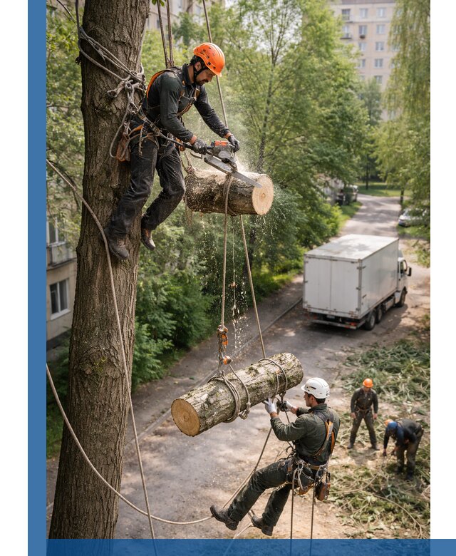 Спил деревьев альпинистами в Торжке, безопасно и без повреждений