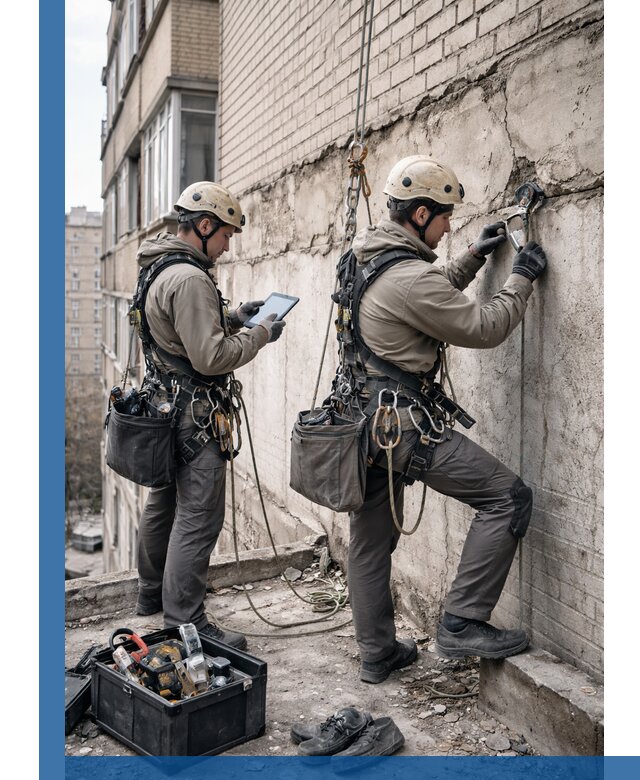 Обследование фасада промышленными альпинистами в Торжке